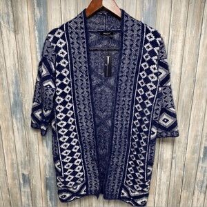 🌀 Janice Navy White Geometric Knit Open Front Cardigan